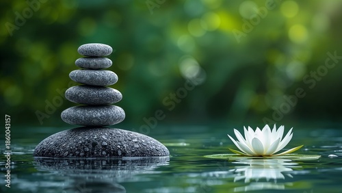 Balance and Harmony: Zen Stone Cairn with Floating White Lotus Flower.