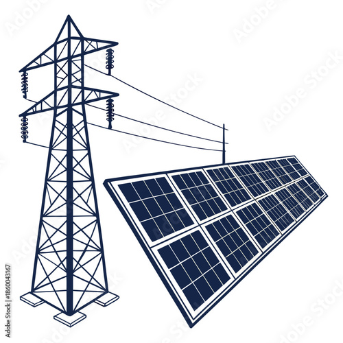 A striking illustration depicts a high voltage power transmission tower alongside a field of solar panels representing energy infrastructure