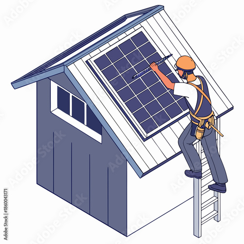 A worker is installing solar panels on the roof of a small shed demonstrating sustainable energy solutions for homes and