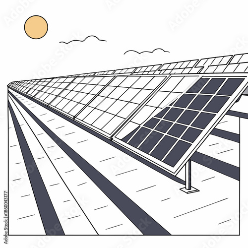 An illustration depicts a large solar panel farm under a bright sun and a slightly cloudy blue sky showcasing renewable