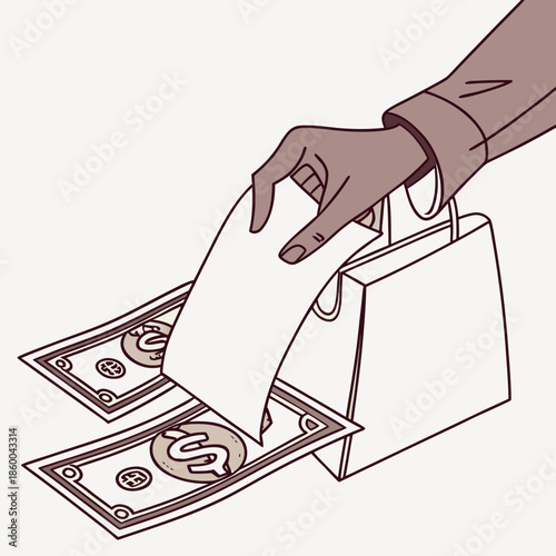 A hand is shown reaching into a shopping bag placing money into it illustrating a purchase or payment transaction