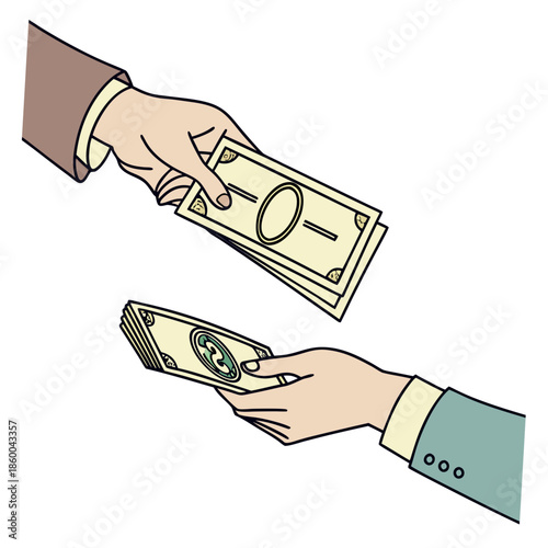 Illustration depicting a transaction of money between two individuals emphasizing financial exchange and possibly a business deal or payment