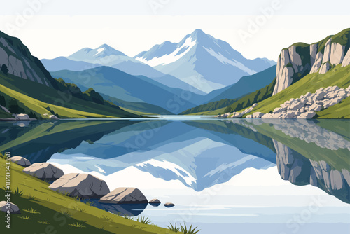 Lakes of Covadonga Landscape Illustration Featuring Mountain Reflections And Alpine Serenity Minimal Clean Design