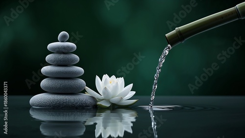 Tranquil Zen Stones, White Lotus, and Flowing Bamboo Water Fountain.