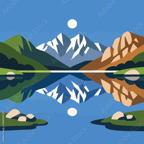 Square Lakes of Covadonga Icon Showing Mountain Lake Reflections Minimal Flat Clean Landscape Illustration