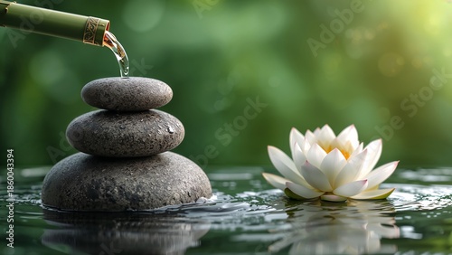 Serene Zen Balance: Water Flowing on Stacked Stones and White Lotus