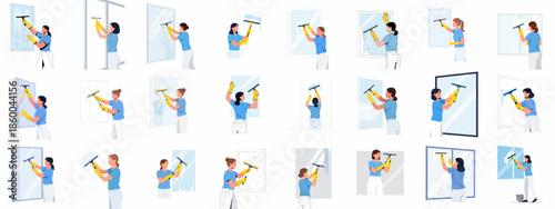 Set of illustrations depicting women cleaning windows, glass surfaces, and mirrors with a squeegee, symbolizing house cleaning and professional maintenance services.