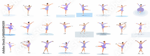 Vector illustration set of female figure skating poses. Collection of ice dance movements, spins, and spirals by an athlete in a purple costume.