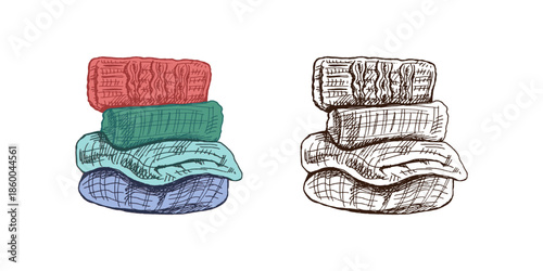 Hand drawn vintage sketch of folded knitted sweaters in color and monochrome version, warm winter woolen clothes stack