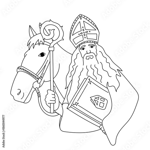Sinterklaas coloring illustration. Christmas character. Sinterklaas with horse and book.
