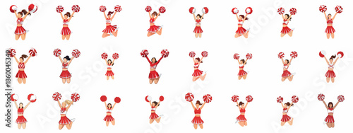 Collection of dynamic vector illustrations featuring diverse female cheerleaders in red outfits performing various jumps and cheers with pom-poms.