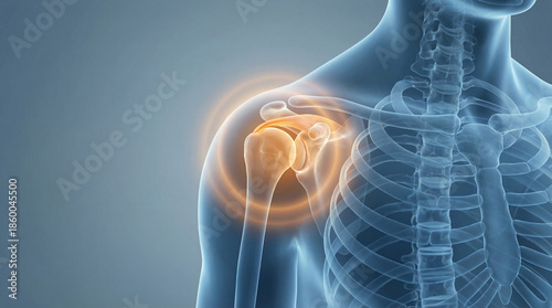 Shoulder Pain, a Detailed Medical Illustration of the Human Body, Highlighting an Inflamed Shoulder Joint with a Bright Orange Glow