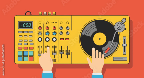 A djs hands are seen operating a yellow dj mixer and turntable, with a digital display showing 000, against a vibrant orange background