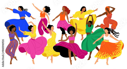 A vibrant group of diverse women in colorful, flowing traditional costumes joyfully dancing with graceful movements and expressive poses