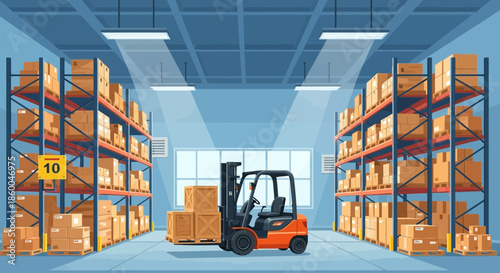 A modern warehouse interior with a forklift in the center, surrounded by tall shelves stacked high with numerous cardboard boxes, illustrating efficient logistics and storage operations