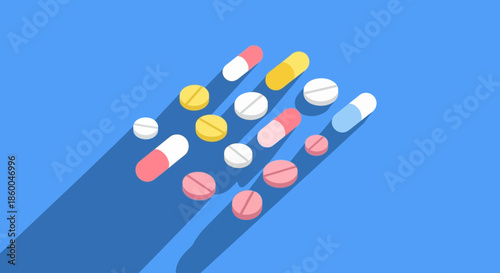A collection of colorful pills and capsules arranged in a diagonal pattern against a vibrant blue background, casting long shadows
