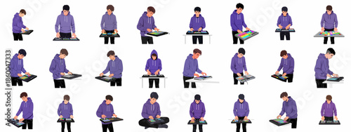 Collection of vector illustrations featuring young male music producers or DJs in purple hoodies using electronic sound equipment and controllers in various poses.