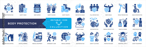 Body protection Glyph Color Icon Collection. Containing safety gear, body armor, safety gloves, safety boots, protective wear