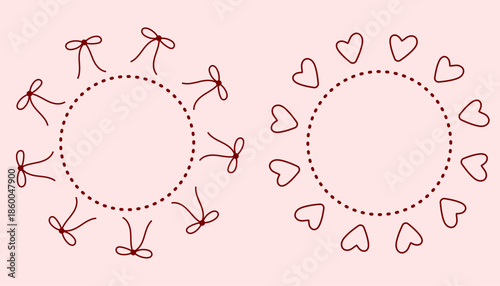 Set of love round frames. Bows and hearts. Copy space for love card.