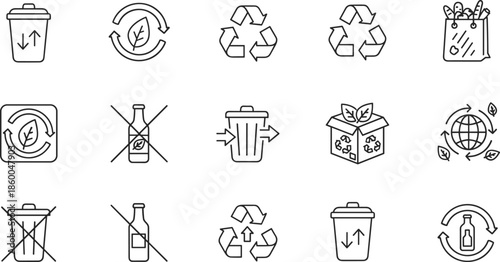 Recycling and environmental sustainability line icon set featuring waste bins recycle symbols organic leaf logos eco friendly packaging and plastic bottle reduction