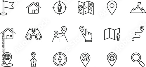 Navigation and location tracking line icon set featuring map pins binoculars house destination route mountain flag compass and global search symbols