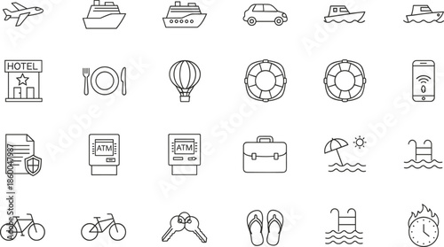 Travel and hospitality line icon set featuring cruise ship airplane hotel building swimming pool bicycle atm machine keys and summer beach vacation symbols