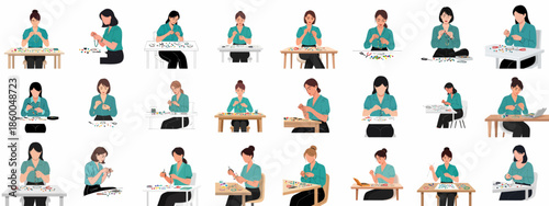 Women making beaded jewelry set. Various illustrations of female crafters creating handmade accessories like necklaces and bracelets.