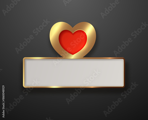 Gold frame with red heart and free space for your information. Vector illustration.