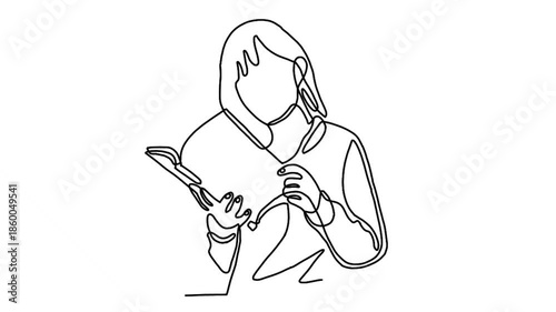 continuous line animation of woman reading book