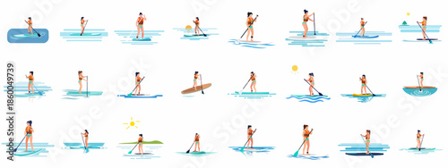 Set of vector illustrations featuring women enjoying stand-up paddleboarding (SUP) on water, highlighting summer sports, recreation, and active outdoor leisure.