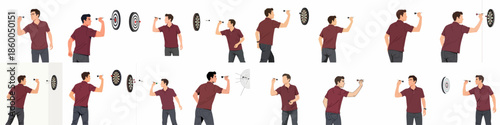 A young man aiming and throwing darts at a target board in various action poses, demonstrating skill, concentration, and competitive leisure activity through illustration set.