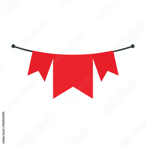 Red pennant flags hanging from a wire against a plain white background