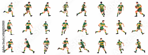 Vector set of muddy rugby players running with the ball in green and yellow uniforms, isolated illustration of athletes in various action poses for sport design.