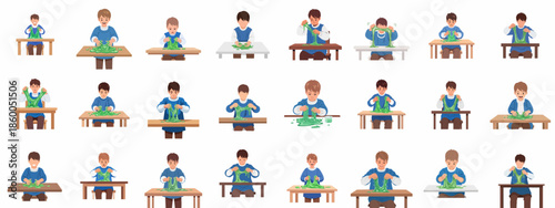 A collection of illustrations showing young boys happily playing with vibrant green slime at tables, engaging in sensory and fun sticky creative activities.