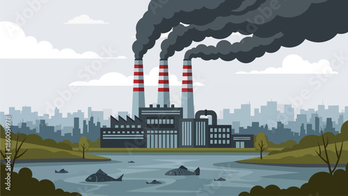 Thick clouds of dark smoke billow from the striped stacks of a grim factory, overshadowing a polluted river where lifeless fish float as a silent testament to the harsh reality of industrial waste