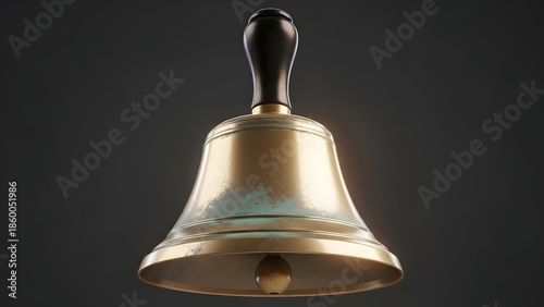 Vintage brass bell with black handle against dark background