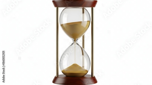 Hourglass with golden sand on white background