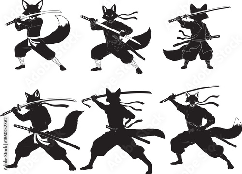 Black cat samurai in dynamic fighting poses with swords