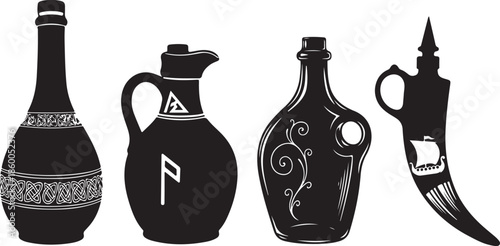 Black and white viking themed bottles and jugs with runic symbols