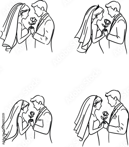 Couple exchanging wedding vows with roses in hand bride