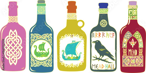 Five Colorful Bottles with Viking and Mead intricate