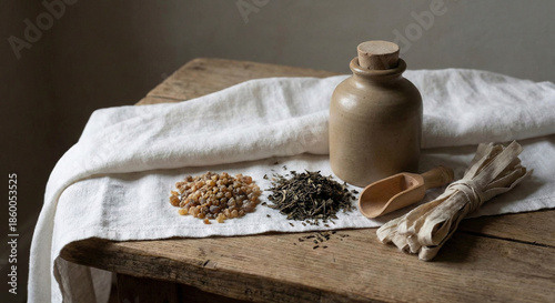 Rustic composition of frankincense resin, myrrh, dried herbs and old clay bottle on wooden table for ancient medicine concept