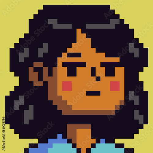 Pixel art avatar portrait featuring stylized female character with expressive face and voluminous hair. Retro 8-bit style character icon suitable for games, apps, profiles, RPG interface.