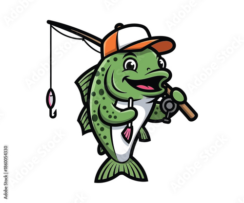 Happy fishing fish with rod and bait a fun cartoon mascot illustration