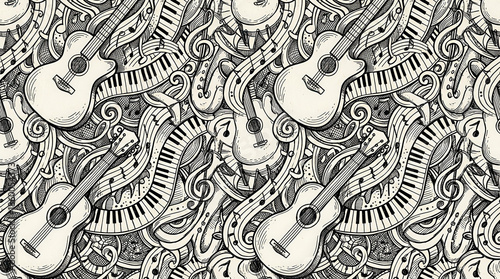 Seamless hand-drawn pattern featuring acoustic guitars, piano keyboards, and musical notes, creating a decorative background.