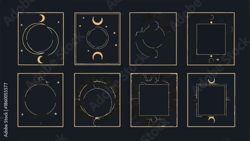Dark mystical square frames set with golden celestial line art illustration