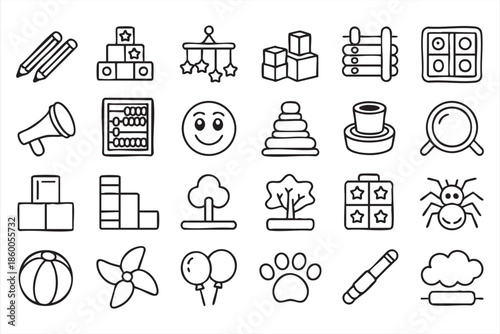 Playground and toy line icons for kids apps, educational games, UI systems