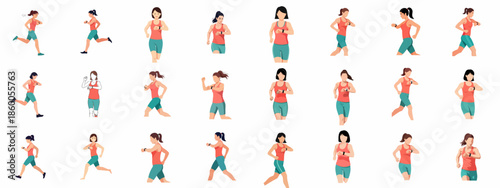 A compilation of diverse vector illustrations of women running and jogging in various poses, tracking fitness with smartwatches, set on a white background.