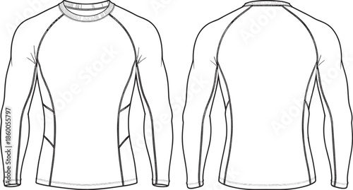 Long sleeve athletic t shirt technical flat CAD drawing front and back view sportswear fashion vector illustration template