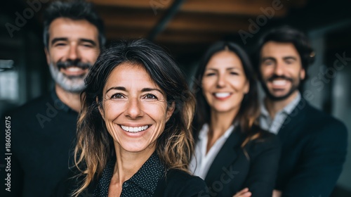 A vibrant portrait showcases four professionals radiating confidence and warmth, their genuine smiles suggesting a collaborative and positive work environment, captured with a shallow depth of field.